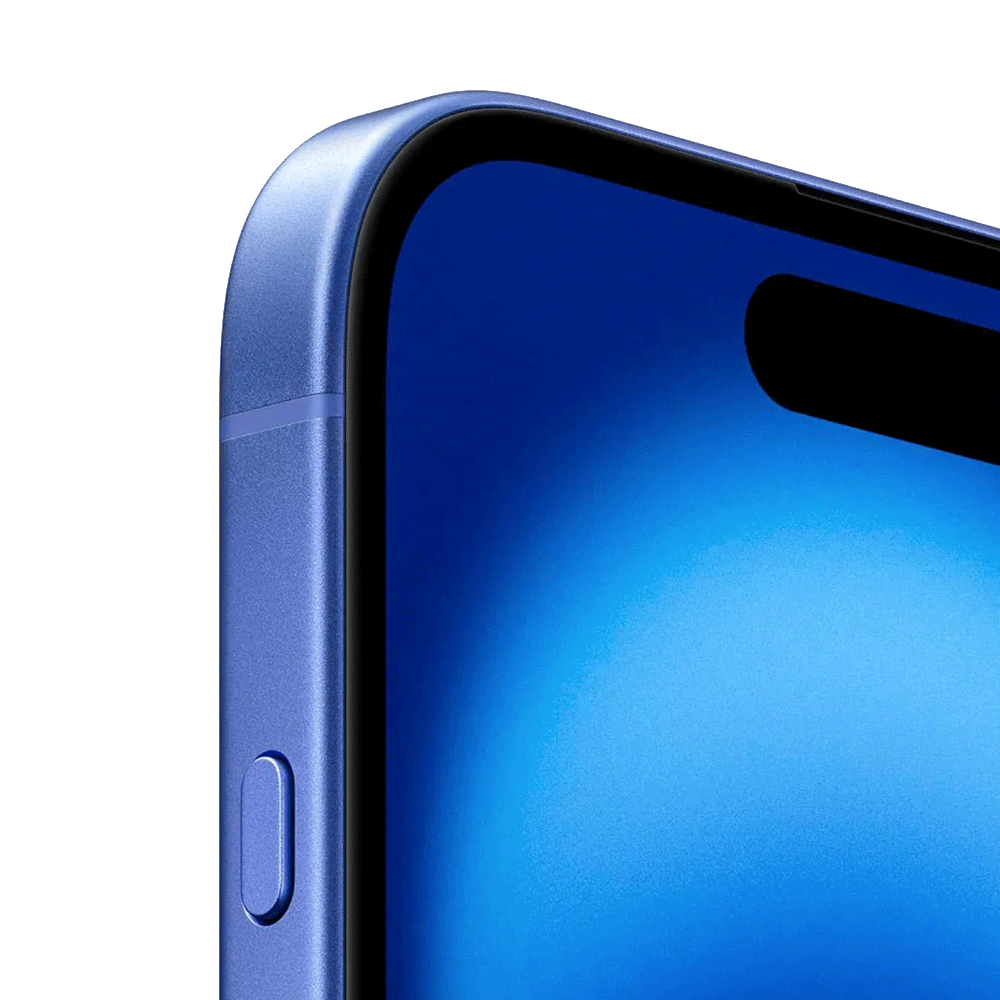 Primer plano del iPhone 16 Plus 256 GB Ultramarino, pantalla Super Retina XDR y borde de aluminio — disponible en Colombia.