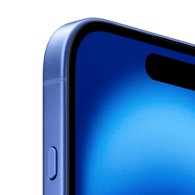 Primer plano del iPhone 16 Plus 256 GB Ultramarino, pantalla Super Retina XDR y borde de aluminio — disponible en Colombia.