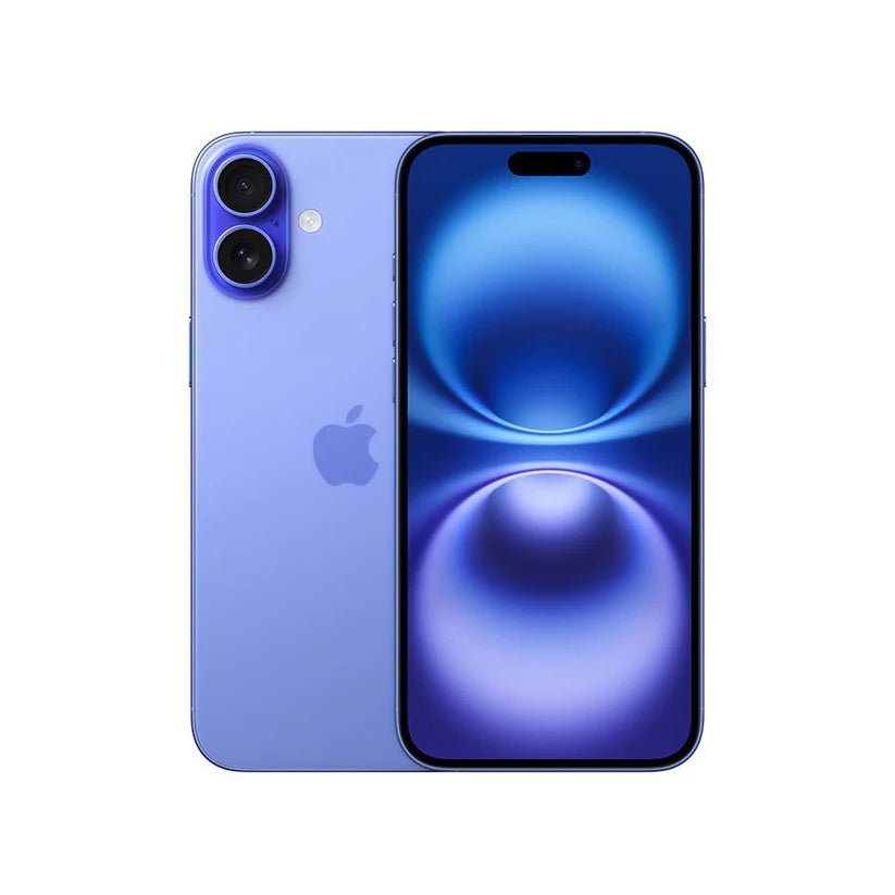 Primer plano del iPhone 16 Plus 256 GB Ultramarino, pantalla Super Retina XDR y borde de aluminio — disponible en Colombia.